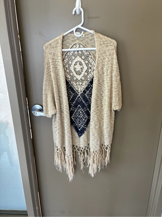 Cato Other - Cato Beige Crochet-Back Fringe Kimono Cardigan